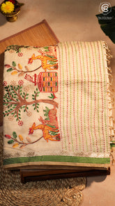 Beige Green Deer Embroidered Jamdani Cotton Saree