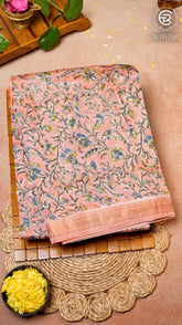 Peach and Blue Floral Handblocked Pure Maheshwari Cotton Sarees