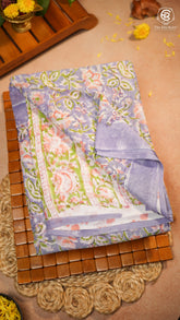 Lavender Blue & Pink Floral Handblocked Pure Georgette Saree