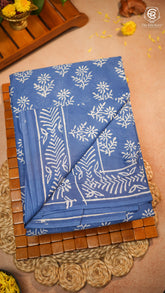 Blue & White Floral Handblocked Pure Mul Cotton Saree