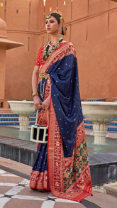 Blue and Red Ikat Patola Contemporary Banarasi Crepe Silk Saree ERA06BLU