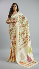 Off-White Floral Ajrakh Satin Crepe Silk Saree