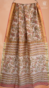 Beige Orange Floral Handblocked Pure Maheshwari Cotton Sarees