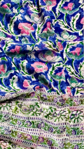 Blue and Pink Floral Handblocked Pure Double Chiffon Sarees
