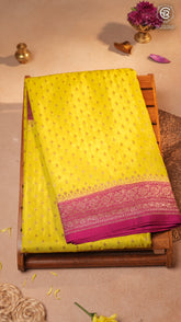 Yellow & Magenta Pure Crepe Chiffon Banarasi Silk Saree
