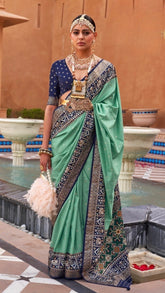 Aqua Green and Blue Ikat Patola Contemporary Banarasi Crepe Silk Saree ERA06ABL