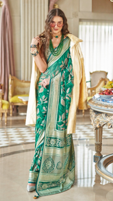 Emerald Green Floral Brasso Georgette Silk Saree