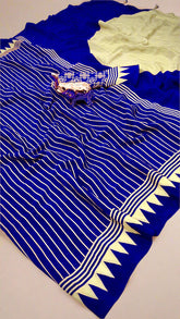 Blue and White Striped Contemporary Satin Crepe Modal Silk Saree