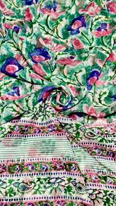 Green and Blue Floral Handblocked Pure Double Chiffon Sarees