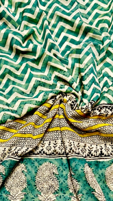 Green Contemporary Handblocked Pure Double Chiffon Sarees