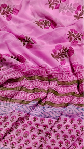 Pink Floral Handblocked Pure Double Chiffon Sarees