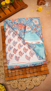 Aqua Blue & Orange Floral Handblocked Pure Georgette Saree