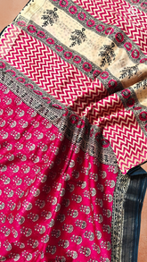 Ruby Pink & Beige Handblocked Pure Maheshwari Cotton Sarees