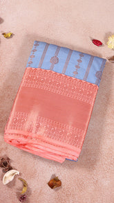 Blue & Peachy Orange Bridal Kanchipuram Silk Saree