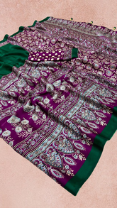 Green and Purple Ajrakh Satin Crepe Silk Saree