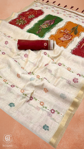 White & Orange Pink Floral Jamdani Tussar Silk Saree