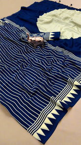 Navy Blue and White Striped Contemporary Satin Crepe Modal Silk Saree