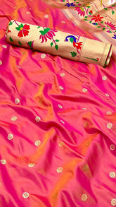 Peach and Gold Single Muniya Lotus Paithani Soft Silk Sarees