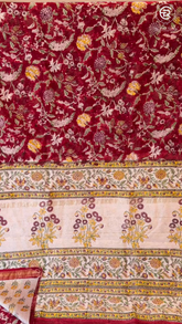 Bright Red & Yellow Floral Handblocked Pure Maheshwari Cotton Sarees
