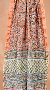 Peach and Blue Floral Handblocked Pure Maheshwari Cotton Sarees