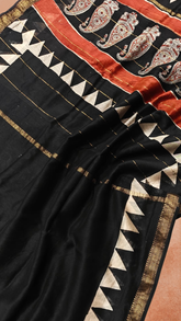 Black & Beige Mango Floral Handblocked Pure Maheshwari Cotton Sarees