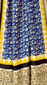 Blue and Yellow Floral Handblocked Pure Maheshwari Cotton Sarees