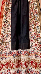Black and Beige Floral Handblocked Pure Maheshwari Cotton Sarees