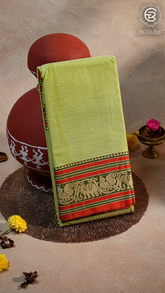 Mild Green & Orange Elephant Peacock Handloom Narayanpet Cotton Saree