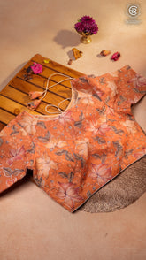 Peach Orange Floral Embroidered Organza Blouse