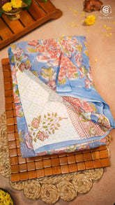 Blue & Peach Blossom Floral Handblocked Pure Georgette Saree