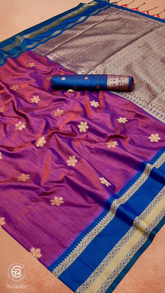 Purple & Blue Floral Butta Raw Soft Silk Saree