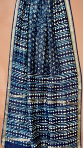 Blue and Black Geometric Handblocked Pure Maheshwari Cotton Sarees