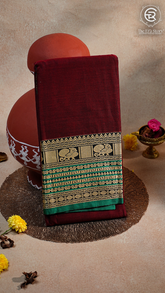 Maroon & Green Elephant Peacock Handloom Narayanpet Cotton Saree