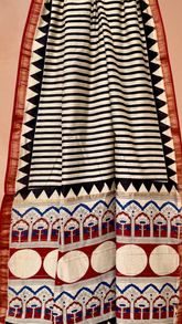 Beige and Black Geometric Handblocked Pure Maheshwari Cotton Sarees