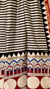Beige and Black Geometric Handblocked Pure Maheshwari Cotton Sarees