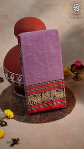 Lavender Pink & Red Elephant Peacock Handloom Narayanpet Cotton Saree