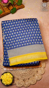 Blue and Yellow Geometric Handblocked Pure Maheshwari Cotton Sarees