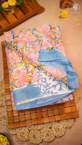 Blue & Pink Blossom Floral Handblocked Pure Georgette Saree