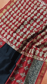 Black & Red Leaf Floral Handblocked Pure Maheshwari Cotton Sarees