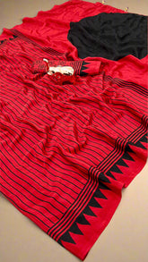 Red and Black Striped Contemporary Satin Crepe Modal Silk Saree