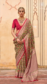 Green & Red Floral Festive Crepe Banarasi Saree