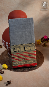 Grey & Red Elephant Peacock Handloom Narayanpet Cotton Saree