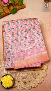 Peach and Purple Floral Handblocked Pure Maheshwari Cotton Sarees