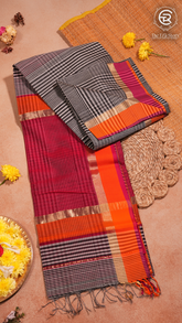 White and Black Striped Purple Orange Handloom Pure Maheshwari Silk Saree