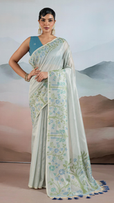 Blue Floral Patterned Pure Zari Tissue Silk Saree