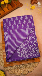 Purple & White Floral Handblocked Pure Mul Cotton Saree