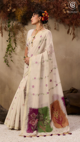 White & Purple Green Floral Jamdani Tussar Silk Saree