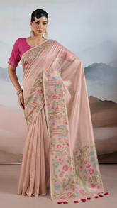 Pink Floral Patterned Pure Zari Tissue Silk Saree