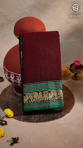 Maroon & Green Elephant Peacock Handloom Narayanpet Cotton Saree