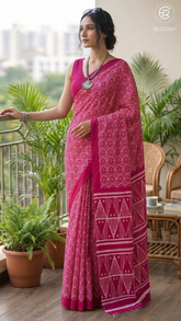 Pink Geometric Handblocked Pure Mul Cotton Saree